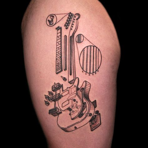 Guitar Tattoo by Hiram Casas Cool Guitar Tattoos, Stratocaster Tattoo, Schematic Tattoo Ideas, Music Tattoo Guitar, Guitar Related Tattoos, Guitar Inspired Tattoos, Musician Inspired Tattoos, Electric Guitar Tattoo, Small Guitar Tattoo