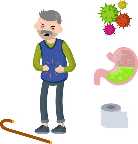 Medical assistance in case of poisoning. Set of indigestion Icons. Toilet paper, virus, bacteria and microbe. Old man holding belly. Poor nutrition of senior. Health problem. Diarrhea, upset stomach. Stomach Bacteria, Vector Doodle, Poor Nutrition, Kidney Cleanse, Senior Health, Upset Stomach, Bedroom Decor Design, Old Man, Old Men