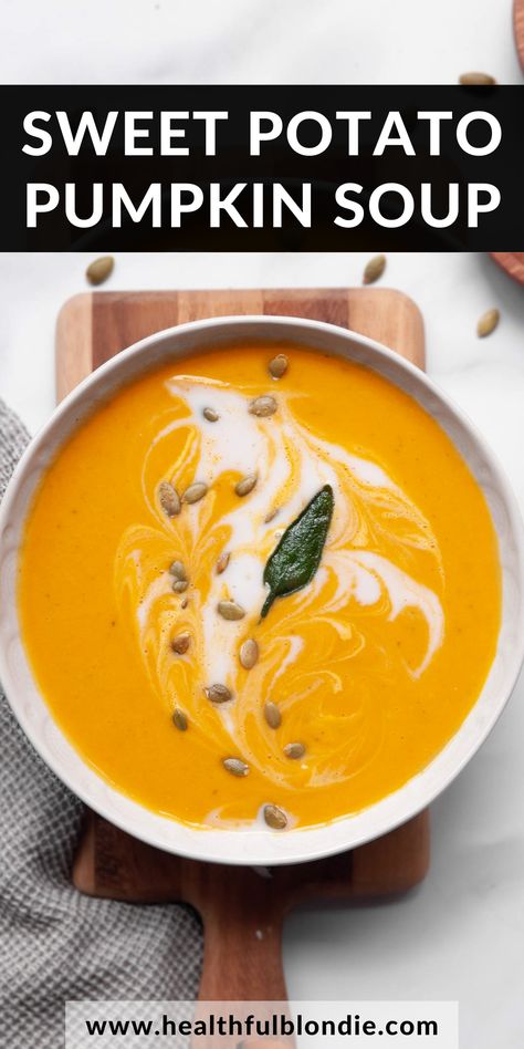 This comforting pumpkin sweet potato soup is creamy, healthy, and ready in under 30 minutes. The perfect cozy meal made with canned pumpkin, coconut milk, ginger, sage, and warm spices. It's gluten-free and vegan! Sweet Potato Soup Recipes Healthy, Turkey Lentil Soup, Dairy Free Tomato Soup, Pumpkin Sweet Potato Soup, Pumpkin Sweet Potato, Blondie Recipes, Sweet Potato Soup Recipes, Dinners Recipes, Roasted Pumpkin Seeds