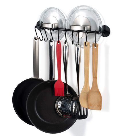 WALLNITURE Gourmet Kitchen Rail Rack Pot Pan Lid Organizer and 10 Hooks 16 Inch Black -- Click image to review more details.-It is an affiliate link to Amazon. #kitchenutensils Farmhouse Kitchen Utensil Holder, Rv Kitchen Organization, Farmhouse Utensil Holder, Kitchen Rail, Kitchen Rails, Kitchen Counter Organization, Wall File, Pan Organization, Pot Lid Organization