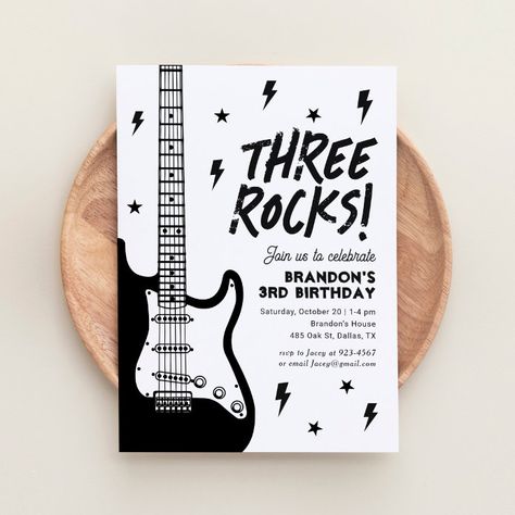 Three Rocks Guitar Rock and Roll 3rd Birthday Invitation - tap to personalize and get yours #Invitation #rock #n #roll, #and #music Born Two Rock, Rock Black And White, Festa Rock Roll, Rock N Roll Birthday, Rock And Roll Birthday Party, 5th Birthday Invitation, 4th Birthday Invitation, Rock And Roll Birthday, Rock N Roll Party