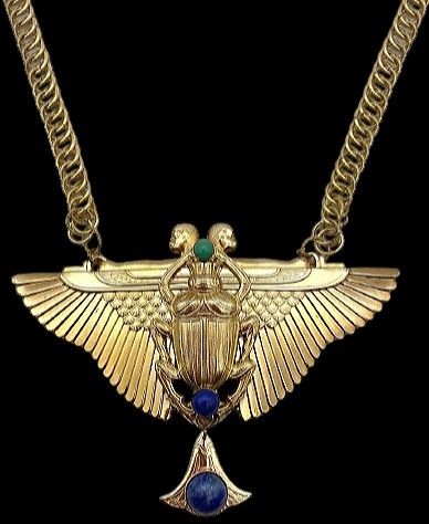 Egyptian Revival necklace featuring back to back winged figures and a Scarab beetle in the centre. From the Jakob Bengel factory in Germany. It is made from polished brass and semi precious Lapis Lazuli stones. Gringotts Vault, Egypt Necklace, Egyptian Revival Jewelry, Egyptian Scarab, Ancient Egypt Art, Egyptian Style, Scarab Beetle, Egypt Art, Tutankhamun