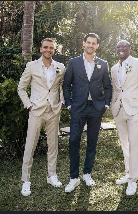 Groomsmen Attire Beach Wedding, Wedding Party Attire, Wedding In Bali, Wedding Groomsmen Attire, Suits And Sneakers, Groomsmen Looks, Groom Wedding Attire, Wedding Outfit Men, Groom And Groomsmen Attire