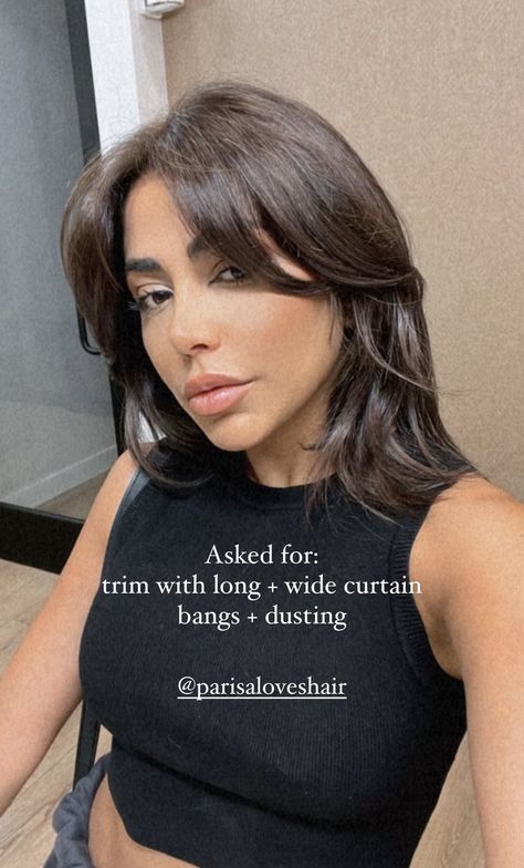 Layered Mid Length Hair Curtain Bangs, Brown Lob With Bangs, Layered Long Bob With Curtain Bangs, Curtain Bangs Dark Hair, Daniela Core, Glasses Haircut, Mid Length Hair With Bangs, Curtain Bangs Side Part, Haircuts Mid Length