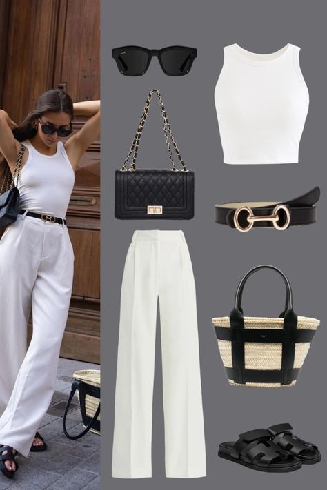 Crop Top And Trousers Outfit, Wide Leg Trousers Outfit Summer, Black Shirt Outfit Summer, Wide Legged Pants Outfit, White Wide Leg Pants Outfit, White Trousers Outfit, White Sleeveless Crop Top, Elevated Outfits, Wide Leg Trousers Outfit