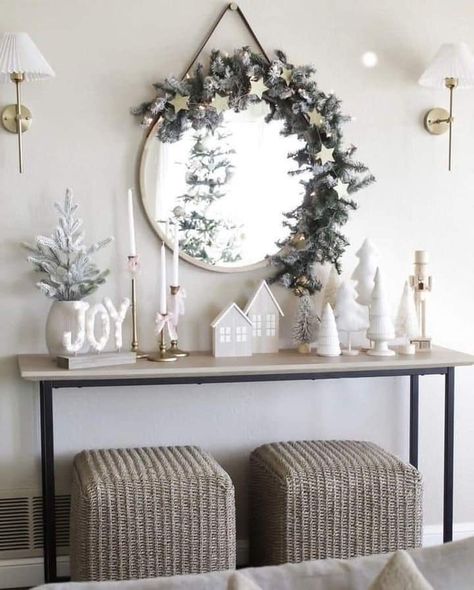 Christmas Decor Ideas For Foyer, Christmas Foyer Table Decor, Chimney Christmas Decor, Christmas Hallway Decor, Christmas Island Centerpiece Ideas, Christmas Console Table Decor, Shelf Christmas Decor, Christmas Shelf Decor, After Christmas Decor