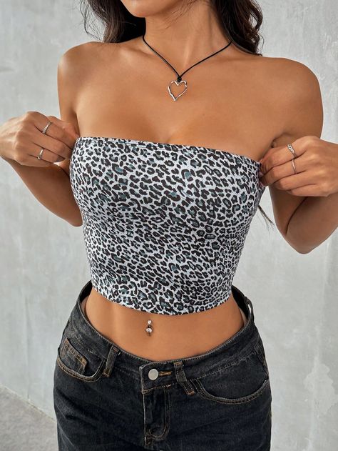 90s Style Leopard Print Knitted  Crop Tube Top For Summer Grey Casual  Sleeveless Knitted Fabric Leopard Print,All Over Print,Textured Pattern  Slight Stretch  Women Clothing, size features are:Bust: ,Length: ,Sleeve Length: White Cheetah Print, Seasonal Outfits, Cheetah Print Top, Strapless Crop Top, Elegant Dresses Long, Cropped Tube Top, 90s Style, Knit Crop, Women Tops