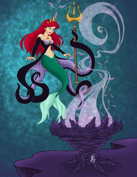 Princess Ariel now possesses real power as Queen of the Seas. Welding both King Triton's Trident & Ursula's tentacles...But is this Ariel ... Jafar Jasmine, Little Mermaid Fan Art, Mermaid Pics, Disney Princess Lineup, Evil Disney Princesses, Twisted Disney Princesses, Evil Princess, Disney Horror, Evil Disney