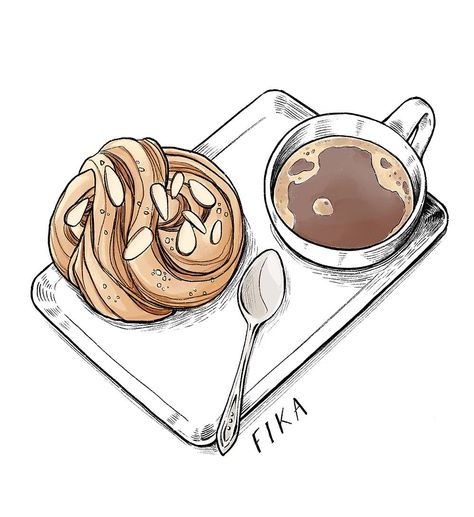 Fika. Illustration by Lori Bailey. Fika Illustration, Fika Tattoo, Coffee Notes, Moka Pot Coffee, Coffee Art Painting, Cardamom Buns, Baking Buns, Brazilian Coffee, Moka Pot