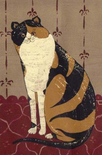 WARREN KIMBLE CALICO STRIPED CAT Black Cat Folk Art, Warren Kimble, Cats In Classic Paintings, Cat Woodblock Print, Vintage Cat Art Victorian, Outlet Plug, Folk Art Cat, Antique Cat Painting, Primitive Painting