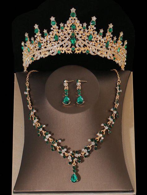 Dark Green  Collar     Embellished   Wedding & Event Gold Bridal Crowns, Dark Green Wedding, Rhinestones Necklace, Accessories Dark, Earrings For Wedding, Crown Necklace, Rhinestone Crown, Wedding Party Jewelry, Formal Dresses For Weddings