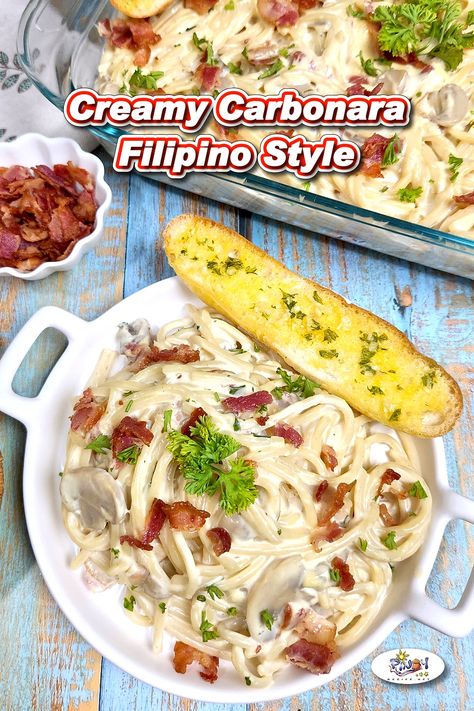 Creamy Spaghetti Carbonara Filipino Style Recipe Carbonara Filipino Style, Filipino Carbonara Recipe, Filipino Pasta Recipe, Filipino Carbonara, White Spaghetti Recipe, Filipino Pasta, Carbonara Pasta Creamy, Carbonara Recipe Creamy, Filipino Christmas