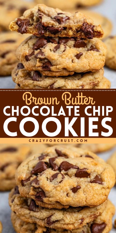 These Brown Butter Chocolate Chip Cookies are some of my favorite cookies ever! Bakery Style Chocolate Chip Cookies are full of delicious chocolate chips with a warm brown butter flavor. These huge cookies are a hit! Cookie Chip Cookies, Chocolate Chip Butter Cookies, Homemade Brown Butter Chocolate Chip Cookies, Brown Butter Chocolate Chip Pecan Cookies, Special Chocolate Chip Cookies, Puffy Chocolate Chip Cookies Soft, Chocolate Chip Cookies With Brown Butter, Chocolate Chip Cookie Tips, Brown Butter Choc Chip Cookies