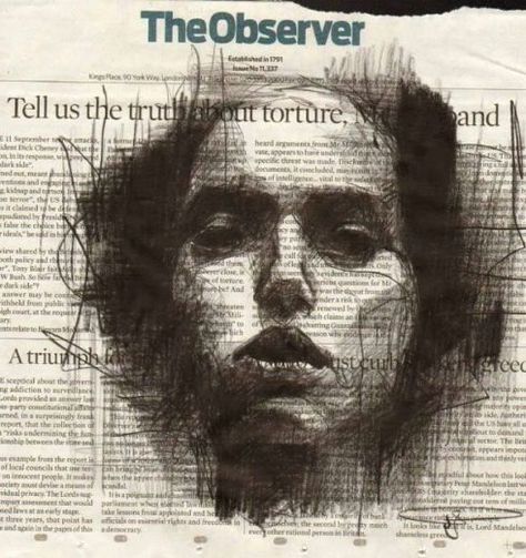 Guy Denning, London, 2012. Mixed Media, Week 5, Eduardo. The use of paper here is very emotive, as if the words on the page are linked intrinsically to the figure depicted. Solemnity and a sense of fear is alluded to via the depth and shadow that is built. By leaving the highest points of the face blank, the raw paper aids in highlighting the face. Guy Denning, Sweet Songs, Kd Lang, Drawing Study, Newspaper Art, Charcoal Art, A Level Art, Ap Art, Light And Dark