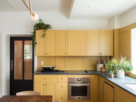 Rivertown Lodge | Hudson Valley Hotel Design Yellow Kitchen Designs, Yellow Kitchen Cabinets, Modern Country Kitchens, Hudson Ny, Yellow Kitchen, Smart Kitchen, Blue Kitchens, Kitchen Paint, Painting Kitchen Cabinets