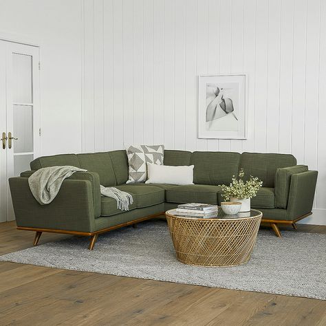 Timber 93" Corner Sectional - Olio Green Mid Century Modern Living Room With Sectional, Mid Century Modern Living Room Green Sofa, Boho Sectional Living Room, Corner Sectional Living Room, Sectional For Small Living Room, Article Sectional, Mid Century Modern Living Room Sofas, Colorful Mid Century Modern Living Room, Mcm Living Room Decor