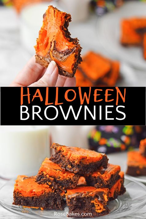 These Halloween Brownies with Cream Cheese Swirl are the perfect festive treat! Rich, fudgy brownies with a festive orange swirl of cheesecake creates a delicious, spooky, marbled effect. They're easy to make and perfect for Halloween parties or fun for the whole family to help with baking! Halloween Cream Cheese Brownies, Brownies With Cream Cheese, Halloween Themed Desserts, Cream Cheese Swirl, Recipe With Cream Cheese, Halloween Brownies, Cheese Brownies, Cream Cheese Brownies, Halloween Sweets