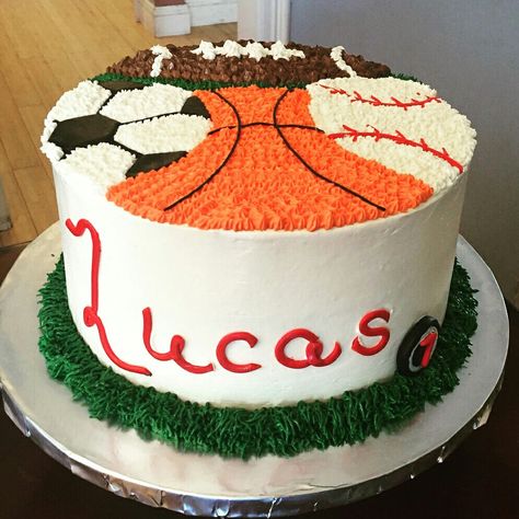 Buttercream sports theme cake Diy Sports Birthday Cake, Sports Theme First Birthday Cake, Sport Themed Cake, Sports Smash Cake 1st Birthdays, All Star Birthday Cake, Sports Theme Cakes Boys, Sports Party Cake, Born 2 Ball Birthday Cake, Sports Smash Cake