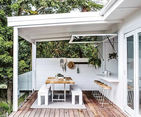 A kitchen servery acts as a breakfast bar as well as creating a space to wine, dine and entertain indoors and out. Three Birds Renovations share their tips for adding a gas strut servery window to your kitchen to enhance indoor-outdoor flow. Outdoor Kitchen Bars, Serving Bar, Backyard Kitchen, Outdoor Kitchen Design, Kitchen Window, House Goals, Outdoor Rooms, Pool House, Better Homes