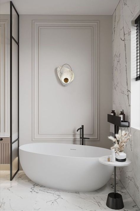 Modern Classic Bathroom Design Luxury, American Classic House Interior, American Classic Bathroom, Classy Bathroom Ideas, Neo Classical Bathroom, Neoclassical Bathroom, American Classic Interior, Modern Classic Bathroom, Classic Bathrooms