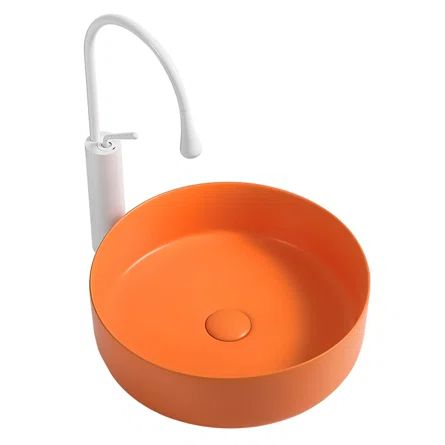 Holaki Multi-Colored Bench Mount Ceramic Circular Vessel Bathroom Sink | Wayfair Orange Sink, Bathroom Sink Size, Console Bathroom Sink, Boho Bungalow, Ceramic Bathroom Sink, Teak Flooring, Decorative Styles, Color Ceramic, Hermes Orange