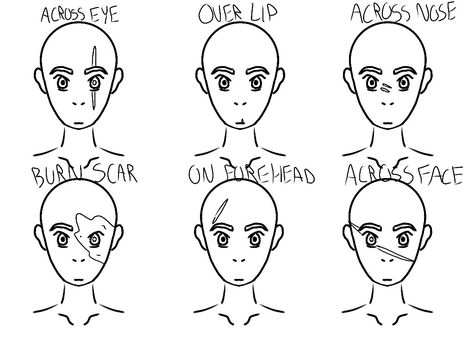 6 bases with scars in different places, a scar across the eye, a scar over the lip, 2 small scars across the nose, a burn scar around the eye, a scar on the forehead, and a scar across almost the entire face Scar Design Drawing, Burn Mark Drawing, Fire Scar Drawing Reference, Arm Scars Drawing Base, Scar Face Drawing, Face Scar Ideas, Burned Skin Drawing, Scar Character Design, Scar Ideas For Characters