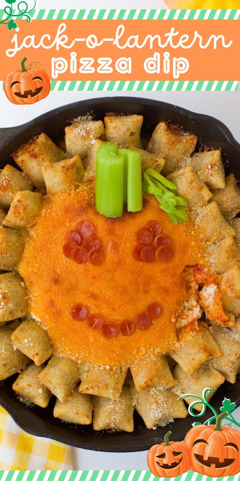 Make skillet Jack-O'-Lantern Pizza Dip with cream cheese, seasonings, pepperoni all baked with Pizza Rolls for dipping. Perfect Halloween party food. Halloween Pizza Rolls, Pizza Dip With Cream Cheese, Dip With Cream Cheese, Halloween Pizza, Pizza Dip, Turkey Cookies, Perfect Halloween Party, Halloween Party Food, Pizza Snacks