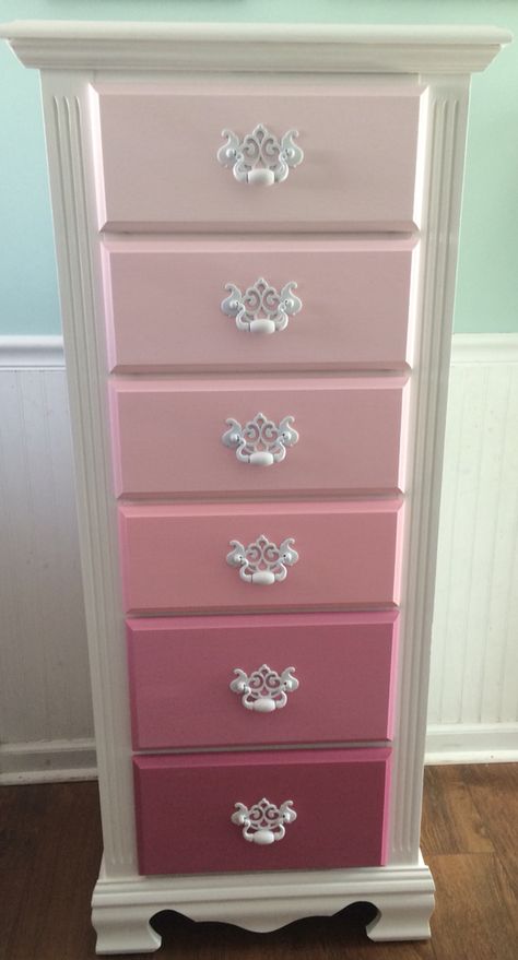 Pink ombré dresser Pink And Grey Furniture Painted, Ombre Dresser Makeover, Dresser Makeover Colorful, Refurbished Nursery Furniture, Diy Pink Dresser Makeover, Pastel Bedroom Furniture, Pink And White Dressers Painted, Pink And Wood Dresser, Ombre Dresser Drawers