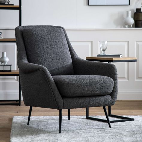 Brown leather armchair offering a retro feel, with a contemporary twist. The chair surround is fully upholstered with an upholstered fixed back cushion and loose seat cushion. Slim matt black metal legs complete the look. The Brampton is also available upholstered in grey linen.Dimensions Height: 910mm Width: 770mm Depth: 895mm Brown Leather Armchair, Retro Armchair, Grey Armchair, Linen Armchair, Fabric Armchairs, Linen Upholstery, Gray Linen, Leather Armchair, Occasional Chairs