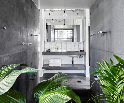 Meet the five Bathroom Design finalists for the *Belle* / Coco Republic Interior Design Awards. Owen Architecture, Queenslander House, Simple Building, Coco Republic, Outdoor Bathroom, Concrete Bathroom, Barn Style Doors, White Subway Tiles, Interior Design Awards