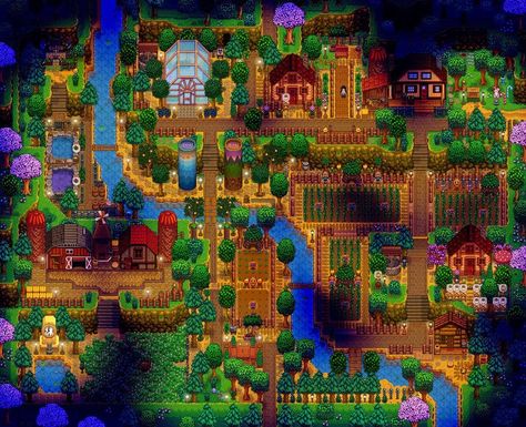 Almost done! Missing two obelisks for now 🐣 : FarmsofStardewValley Hill Top Farm, Stardew Valley Farm, Stardew Farms, Stardew Valley Layout, Stardew Valley Tips, Stardew Valley Farms, Game Map, Stardew Valley Fanart, Top Farm