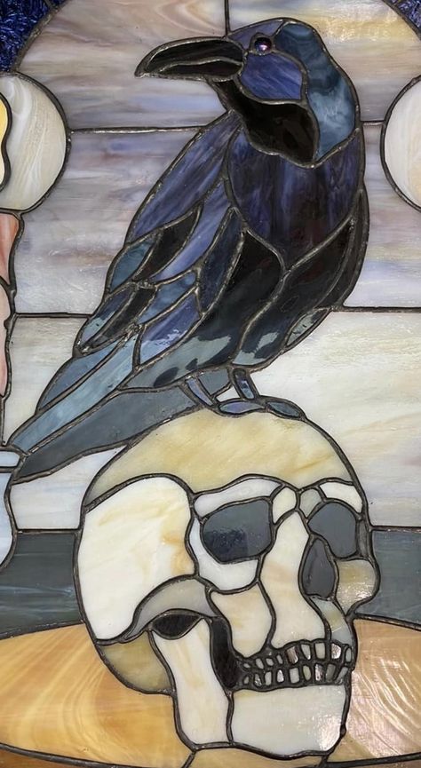 Crow Stained Glass Ravens, Goth Stained Glass Patterns, Crow Stained Glass Pattern, Raven Stained Glass Pattern, Stained Glass Crow, Crow Mosaic, Stained Glass Skull, Stained Glass Star, Diy Stained Glass Window