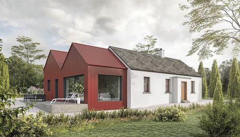 #flashbackfriday to this contemporary Irish cottage extension… finished in red corrugated cladding, inspired by traditional agricultural… Cottage Extension Ideas, Irish Cottage Extension, Modern Irish Cottage, Irish Cottage Renovation, Corrugated Cladding, Ireland Houses, House Designs Ireland, Cottage Extension, Inspiring Homes