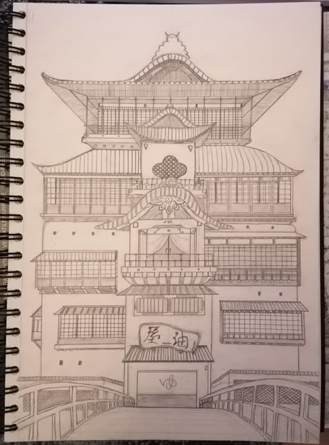 Drawing Buildings Sketch Simple, Ghibli House Drawing, Ghibli Sketch To Draw, Chinese Building Drawing, Japanese House Sketch, Studio Ghibli Sketch Drawings, Ghibli Drawing Sketch, Studio Ghibli Drawing Sketches, Studio Ghibli Sketch