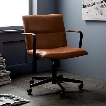 Cooper Mid-Century Leather Swivel Office Chair West Elm Desk, Modern Desk Chair, Mid Century Office Chair, Comfortable Sectional, Office Chair Without Wheels, Swivel Chair Desk, Mid Century Desk, Swivel Office Chair, Pierre Jeanneret