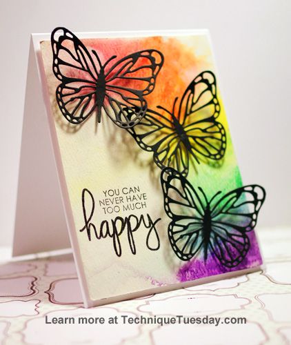 Absolutely gorgeous card by Tobi Crawford. Created with clear stamps and steel dies from TechniqueTuesday.com. Butterfly Cards Ideas, Watercolor Wings, Dragonfly Cards, Colourful Butterfly, Black Butterflies, Technique Tuesday, Karten Design, Making Greeting Cards, Stamping Ideas