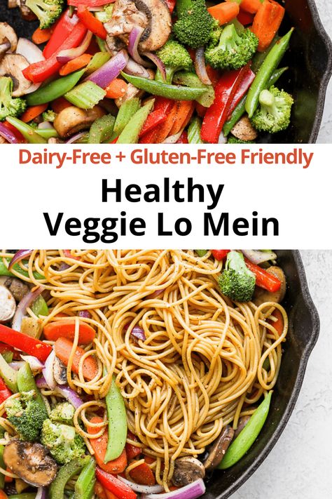 Veggie Lo Mein - A quick and easy dinner that is packed with veggies! Perfect for a meatless Monday! (Dairy-Free + Gluten-Free Friendly) #veggielomein #veggielomeinrecipe #veggielomeineasy #meatlessmonday #meatlessmeals #plantbasedmeals Gluten Free Lo Mein, Lomein Recipes, Veggie Lo Mein, Gluten Free Dairy Free Dinner, Meatless Meals Healthy, Dairy Free Recipes Dinner, Healthy Veggie, Dairy Free Dinner, Gluten Free Noodles