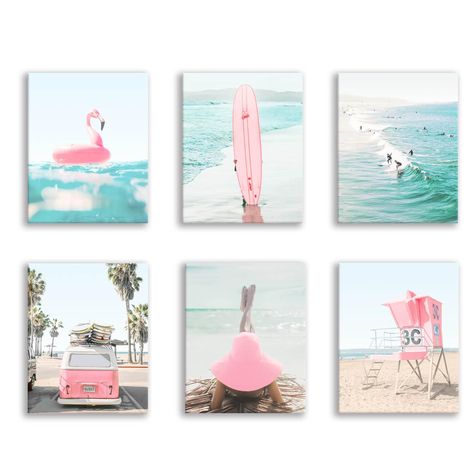 Pink Beach Theme Bedroom, Pictures To Hang In Bedroom, Pink Beach Bathroom, Blue And Pink Room Ideas, Preppy Beach Pictures, Pink Beachy Room, Surfboard Room Decor, Surf Room Aesthetic, Pink Coastal Bedroom