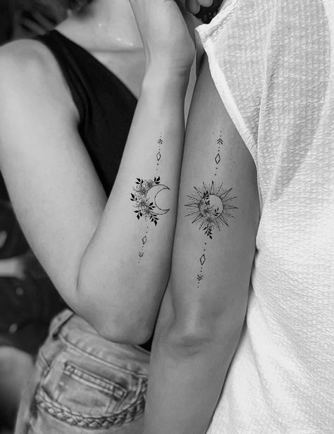 tattoo art Cool Tattoos For Best Friends, Moon Couple Tattoo Designs, Sun And Moon Forearm Tattoo Women, Cute Moon Tattoos For Women, Sun Moon Rose Tattoo, Sun To Moon Tattoo, Collar Bone Tattoo Sun And Moon, Sun And Moon Matching Tattoos Couple, Sun Arm Tattoos For Women