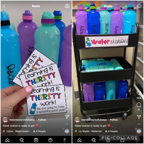 Daycare Water Bottle Storage, Water Bottle Organization Classroom, Lunchbox Storage Classroom, Classroom Water Bottle Station, Water Bottle Station Classroom, Hydration Station Classroom, Classroom Water Bottle Storage, Water Bottle Station, Monster Phonics