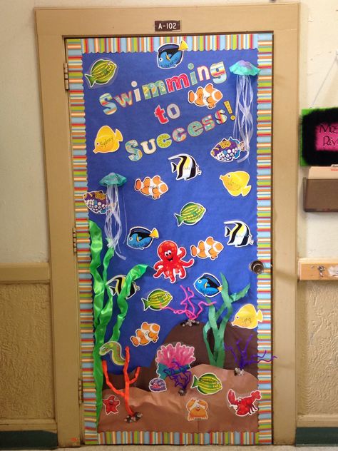 Ocean themed classroom door:) Ocean Theme Door Classroom Decor, Beach Theme Classroom Door, Ocean Classroom Door Ideas, Ocean Theme Classroom Door, Under The Sea Classroom Door, Beach Theme Classroom, Classroom Decor Middle, Ocean Theme Preschool, Ocean Classroom