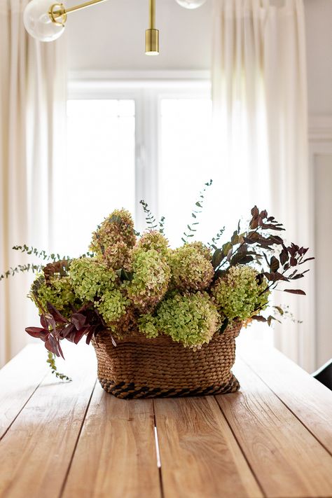 Fall touches at home Dry Hydrangea Arrangements, Thanksgiving Floral Arrangements, Hope You're Doing Well, Hydrangea Flower Arrangements, Simple Holiday Decor, Fall Hydrangea, Ornamental Cabbage, Limelight Hydrangea, Hydrangea Arrangements