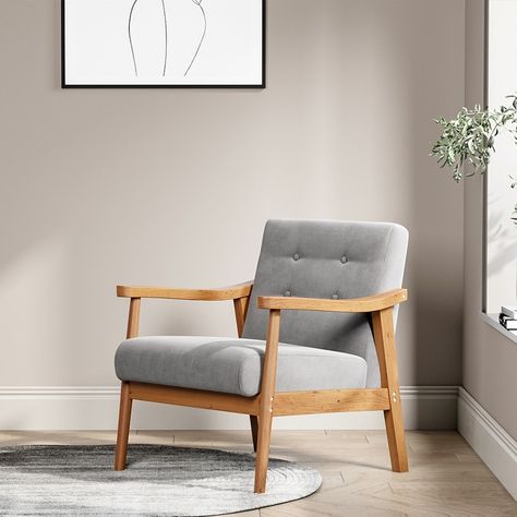 Modern And Rustic Decor, Wood Frame Arm Chair, Wooden Couch, Single Seat Sofa, Single Seater Sofa, Oak Armchair, Wooden Armchair, Grey Armchair, Upholstered Armchair