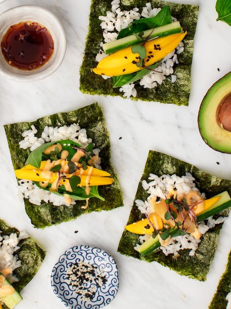 Cucumber Mango Nori Wraps - enjoy the flavors of sushi without the trouble of rolling! / loveandlemons.com #vegetarian #funfood #healthyrecipe Nori Wraps, Cucumber Sushi Rolls, Cucumber Mango, Nori Wrap, Cucumber Sushi, Summer Appetizers Easy, Vegetarian Sushi, Leftover Rice, Summer Appetizer