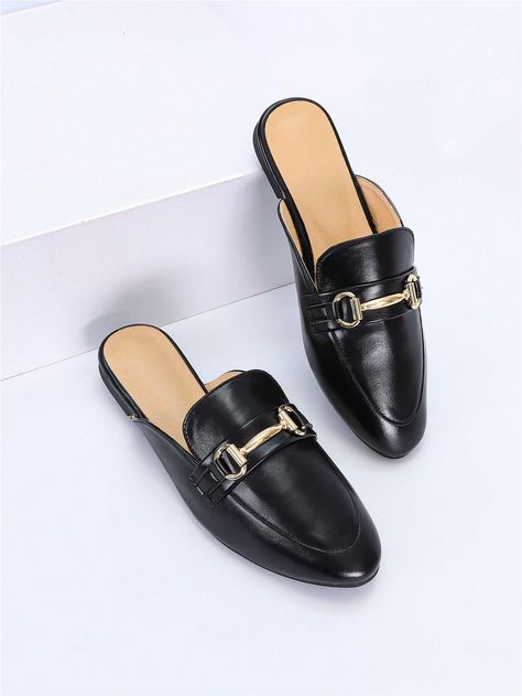 Black Elegant,Fashionable Collar   Plain Mules Embellished   Wide Fit Shoes Womens Loafers Black, Womens Loafer, Mules Shoes Flat, Mules Women, Wide Fit Shoes, Slip On Mules, Kids Beachwear, Mules Shoes, Maternity Bag