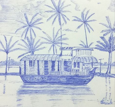 Kerala Boat House, Kerala Boat, School Works, Kerala Backwaters, Boat Drawing, Shapes Art, Geometric Shapes Art, Kerala Houses, Ship Drawing