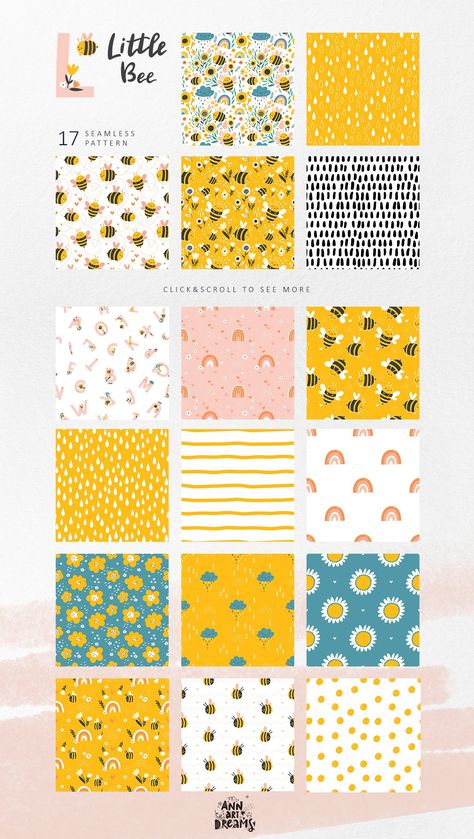 Little Bee - Kids collection by annartdreams on @creativemarket Bee Pattern Design, Kids Prints Design, Kids Pattern Design, Honey Gingerbread, Surface Pattern Design Inspiration, Baby Print Art, Bee Illustration, Bee Pattern, Pattern Design Inspiration