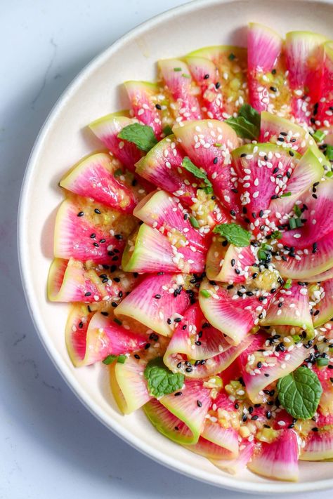 Watermelon Radish Salad & Miso Scallion Vinaigrette - Food My Muse Watermelon Radish Salad, Salade Healthy, Salad Recipe Ideas, Watermelon Radish, Radish Salad, White Miso, Potato Peeler, Radishes, The Taste