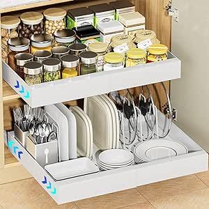 OVICAR Expandable Cabinet Organizer Drawer - Pull Out Cabinet Drawers Adhesive Slide Out Storage Shelf with 4pcs Divider Racks for Kitchen Pantry Bathroom Home, 12.2"-20.7" W,White Pull Out Cabinet Drawers, Roll Out Shelves, Pull Out Cabinet, Slide Out Shelves, Kitchen Base Cabinets, Pull Out Shelves, Cabinet Organizer, Organize Drawers, Kitchen Cabinet Organization