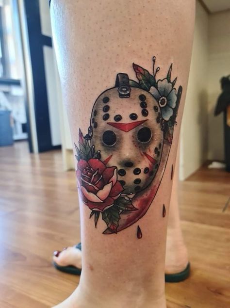 Slashers Tattoo Ideas, Horror Movie Sleeve Tattoos For Women, Jason Leg Tattoo, Jason Voorhees Leg Tattoo, Slasher Movie Tattoo Sleeve, Full Sleeve Tattoo, Horror Tattoo, Ankle Tattoo, Foot Tattoos